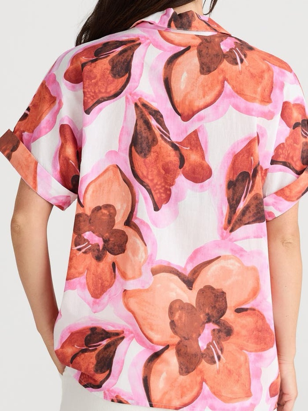 Brave+True Alice Floral Button-Front Short Sleeve Top - Pink & Orange M/L - Picture 3 of 4